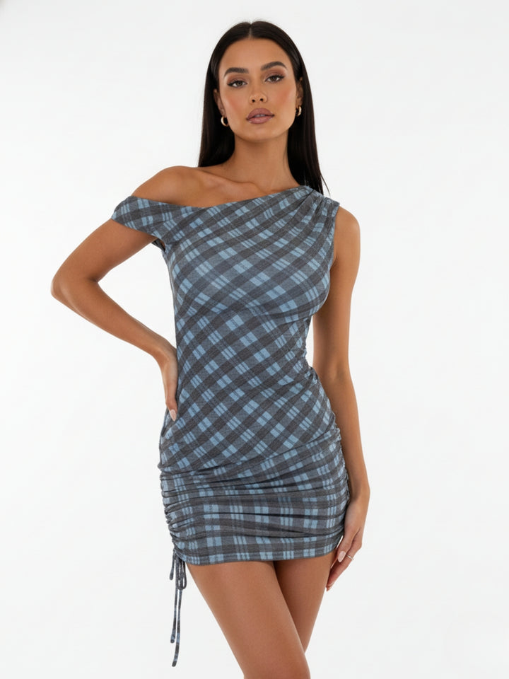 Blue One Shoulder Side Ruched Checkered Dress