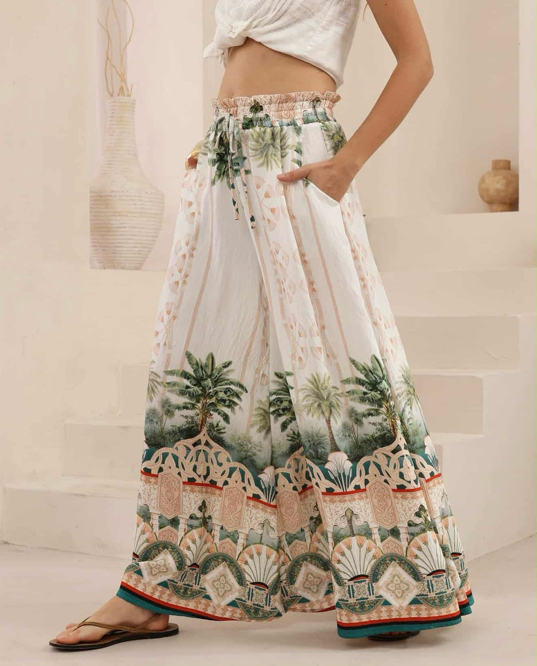 White Paper Bag Waistband Printed Trousers