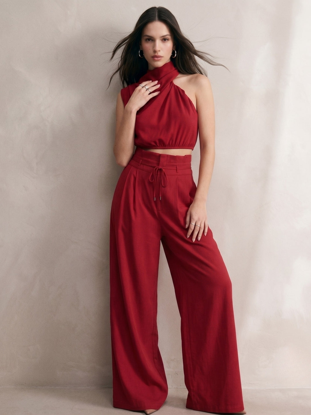 Red Asymmetrical High Neck Top with Wide Straight Pant Co-Ord Set