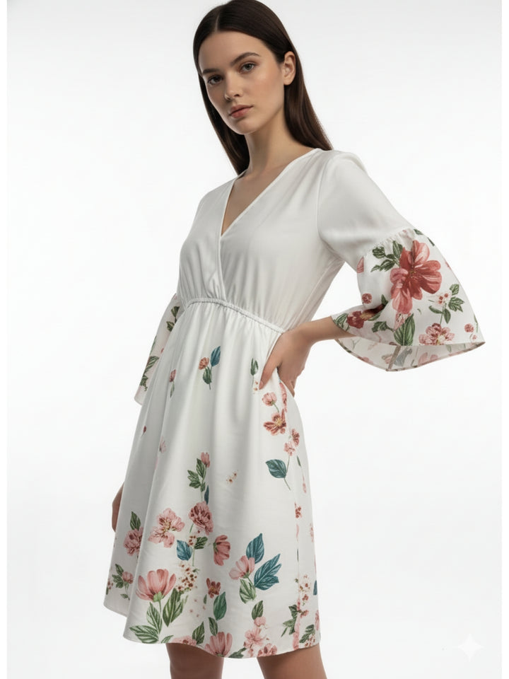 White Floral Printed V Neck Dress