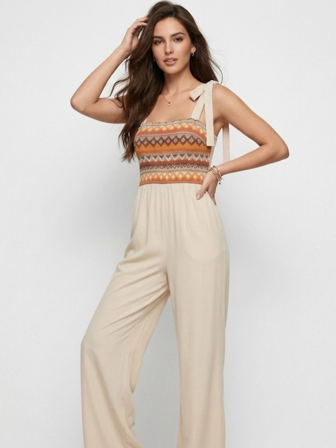 Cream Shoulder Tie-Up Printed Jumpsuit