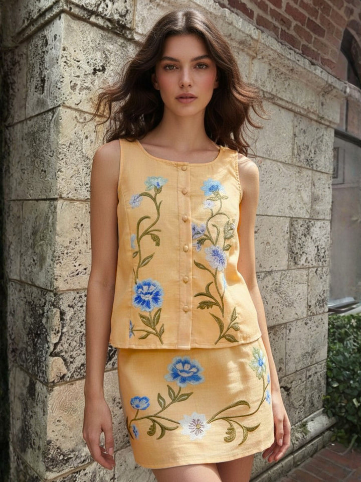 Yellow Woven Coord set with floral print detail