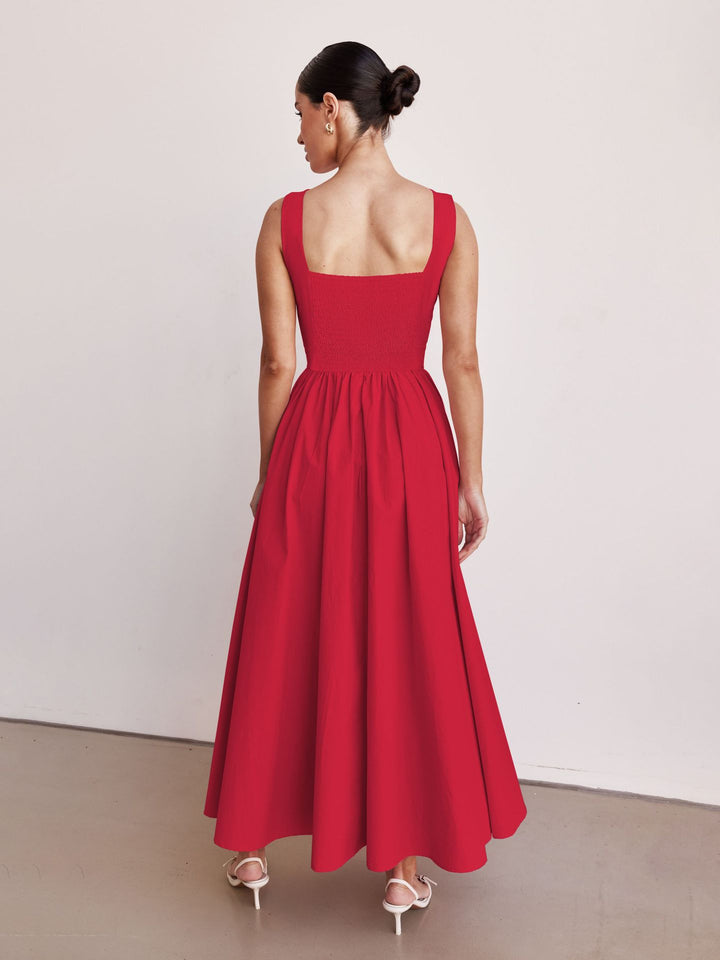 Red Sleeveless Solid Flared Dress