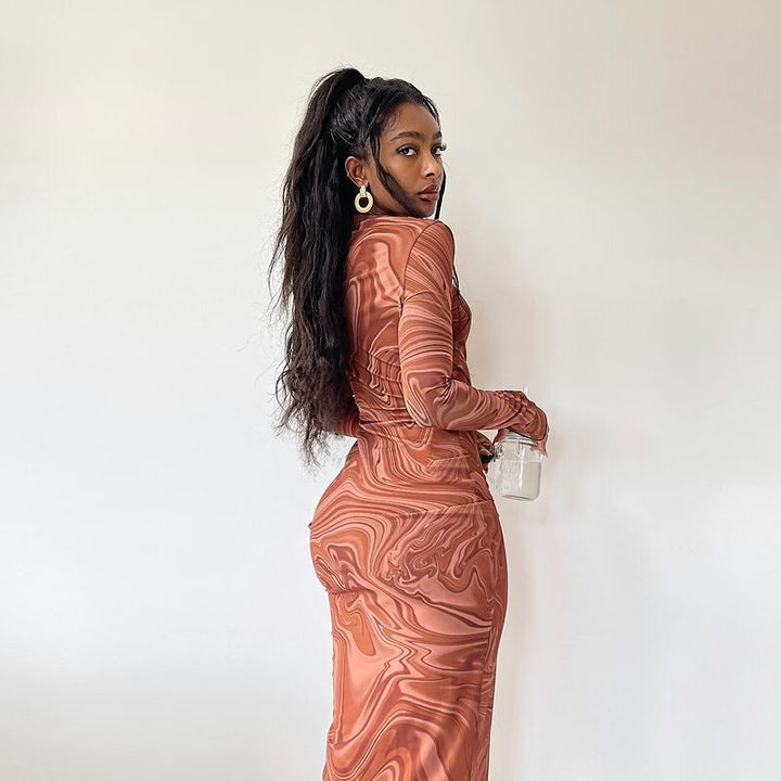 Brown Marble Print Bodycon Dress