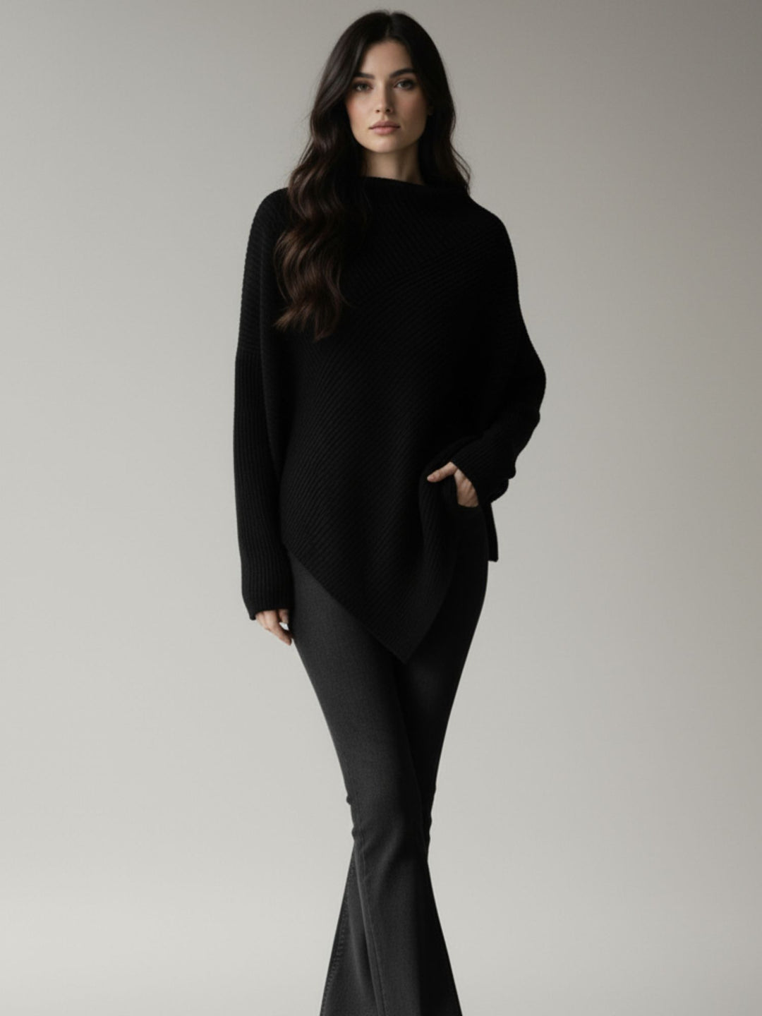Black Full Sleeve Turtle Neck Asymmetrical Hem Sweater