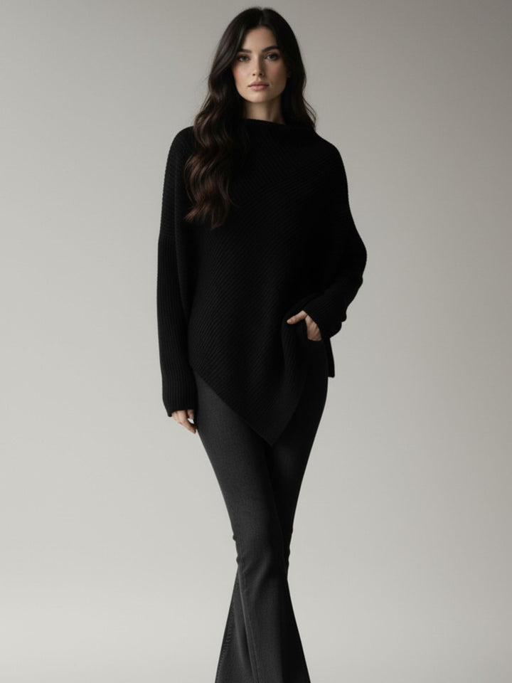 Black Full Sleeve Turtle Neck Asymmetrical Hem Sweater