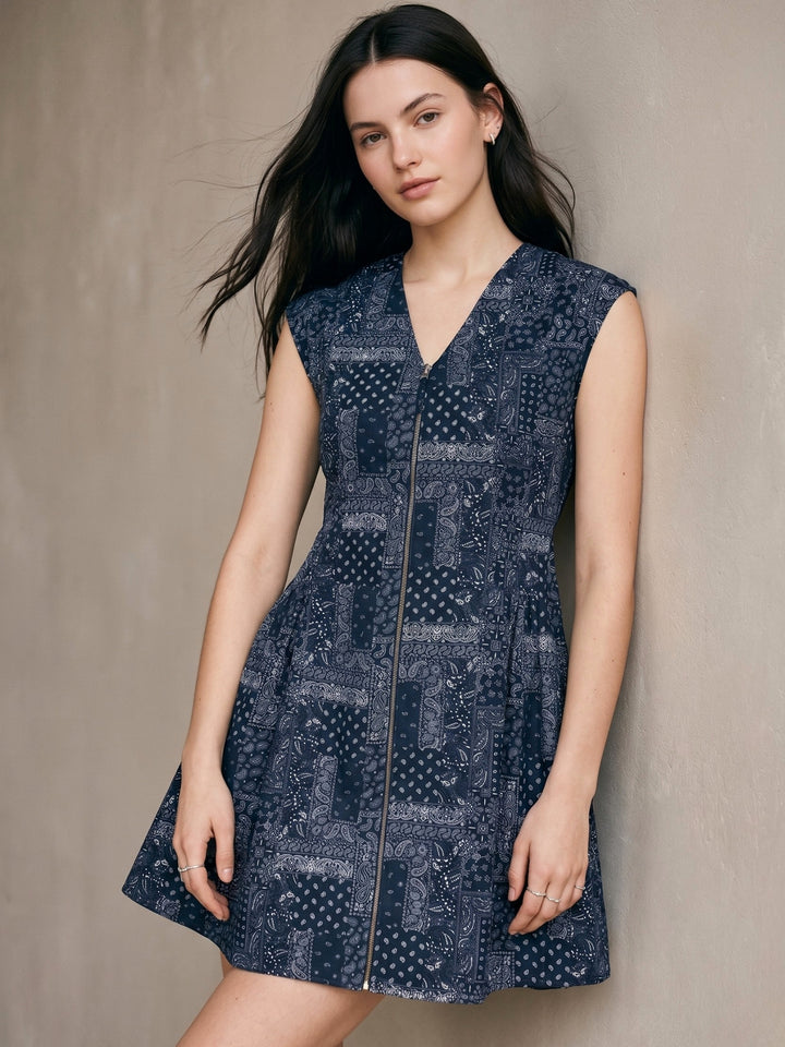 Blue Bandana Print Mini Dress With Front Zipper