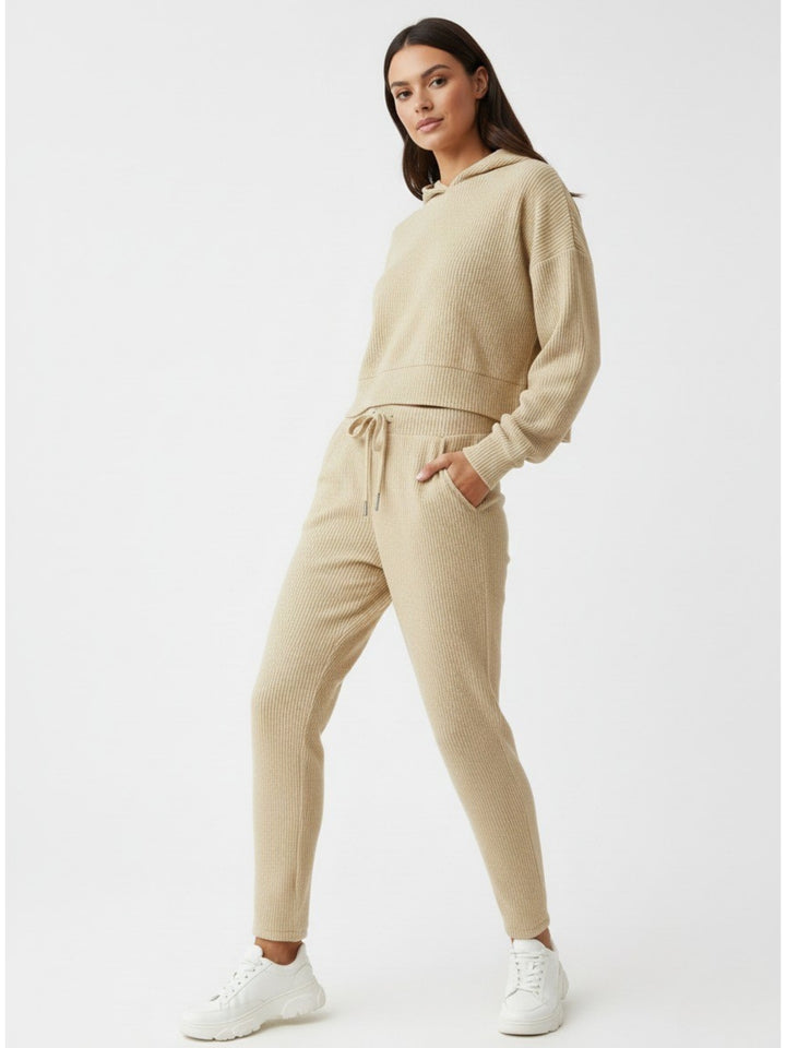 Beige Full Sleeve Hooded Sweatshirt And Pant Set