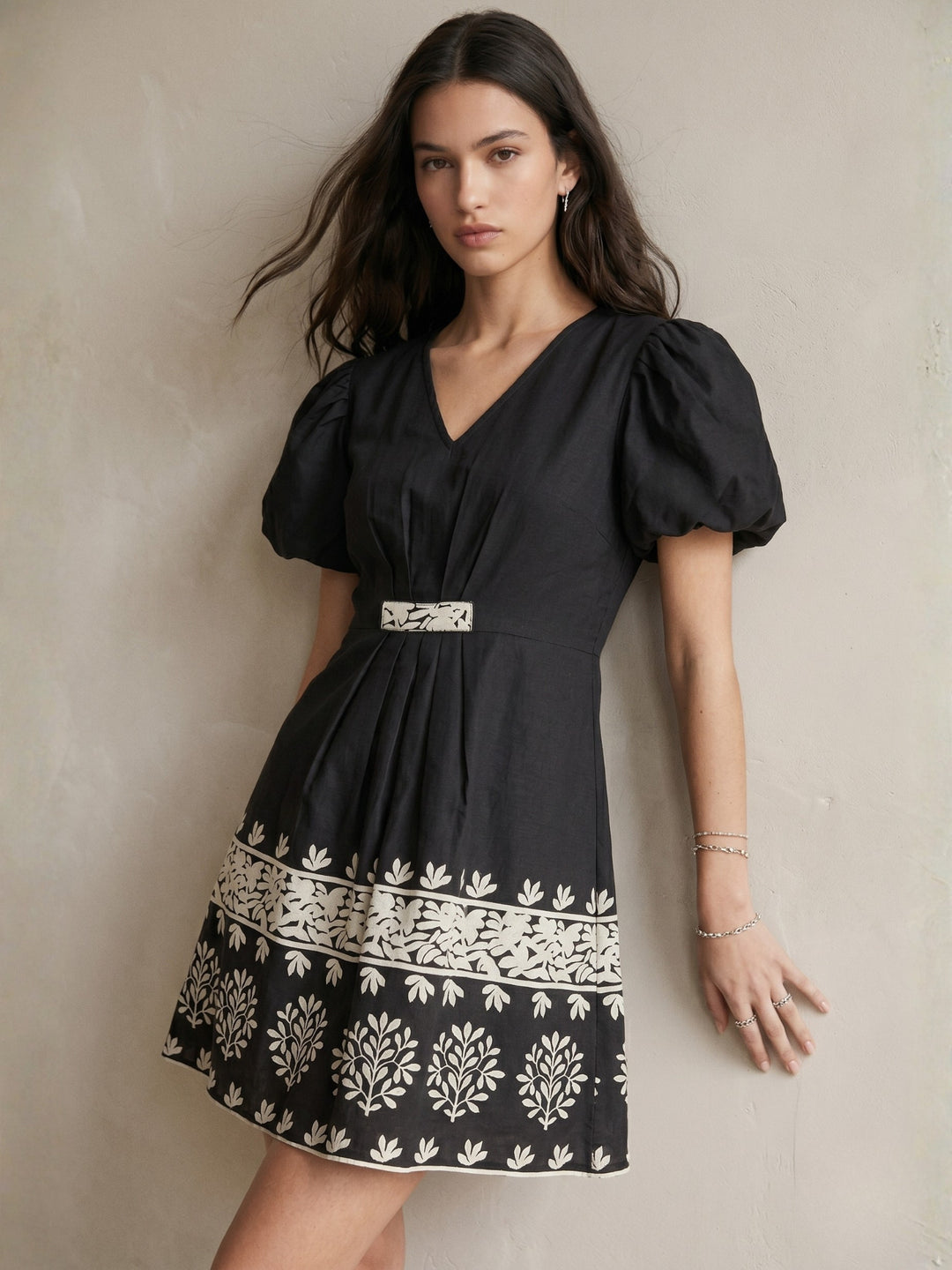 Black Short-Sleeve Floral Dress