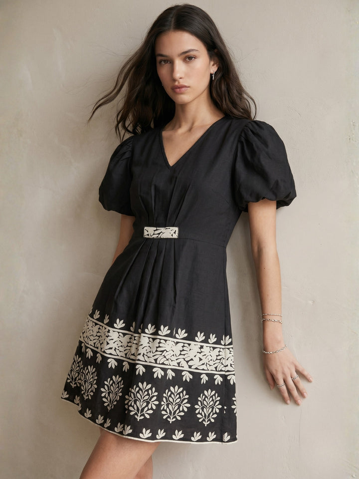 Black Short-Sleeve Floral Dress