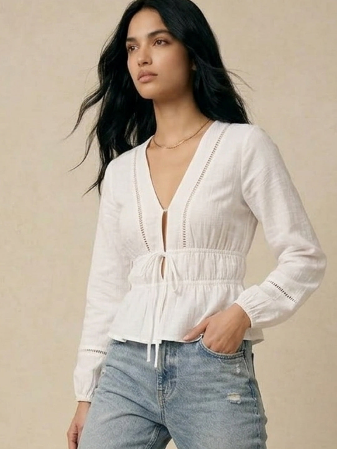 White Bishop Sleeve Front Tie-Up Top