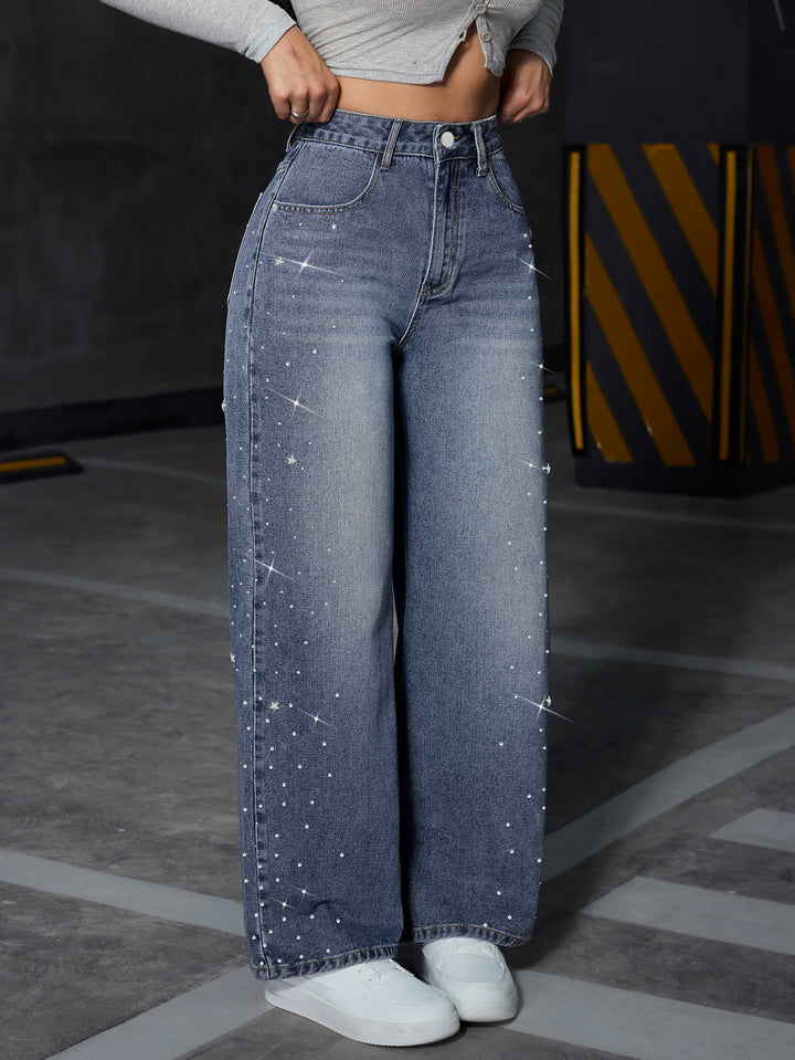 Blue Side Embellished Wide Leg Denim