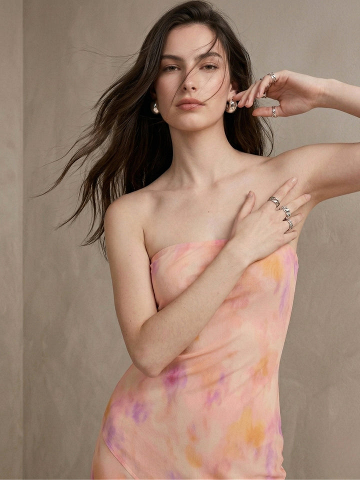 Multi Blurred Abstract Print Tube Midi Dress