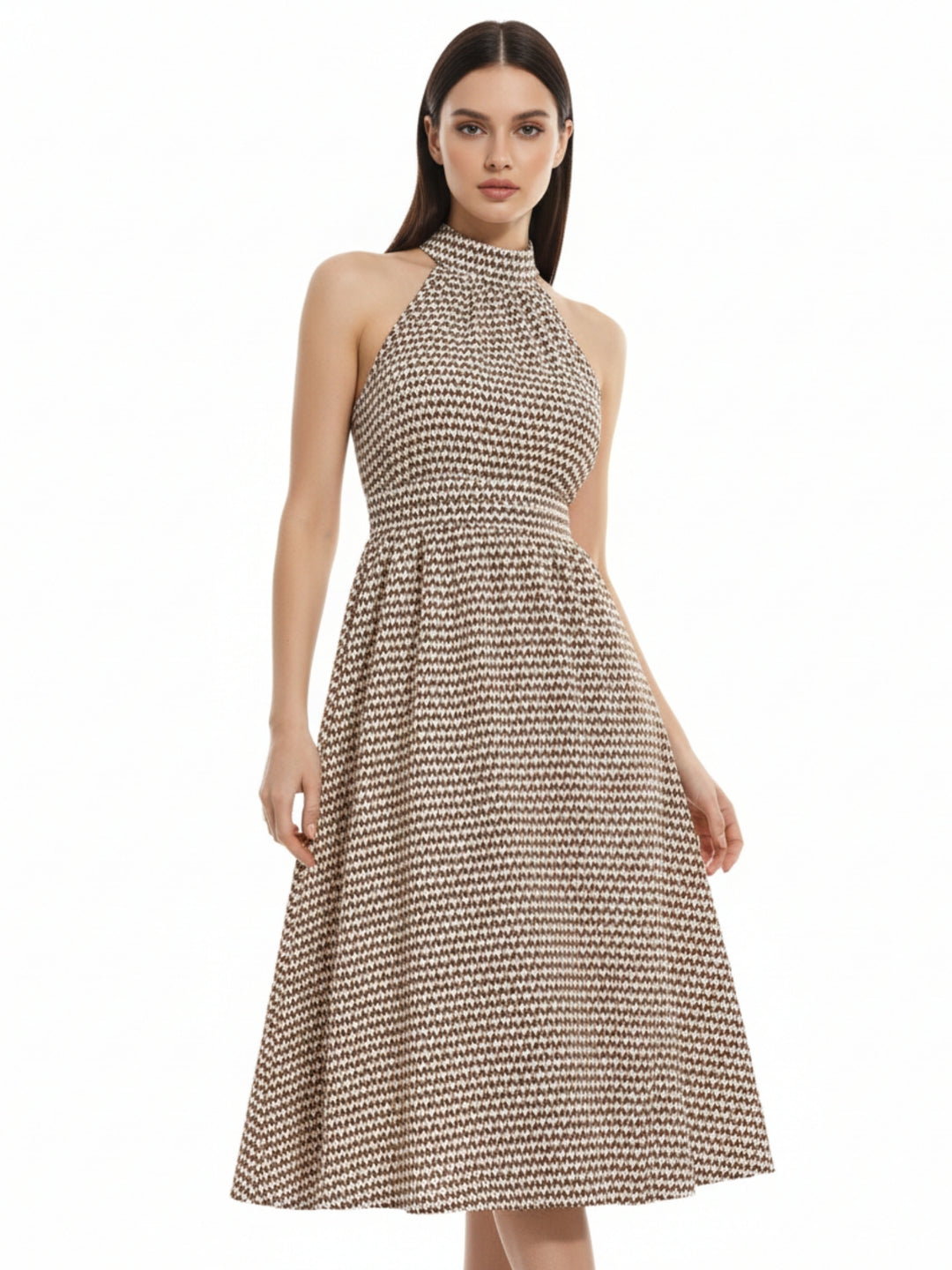 Brown Halter Neck Waist Fitted Dress