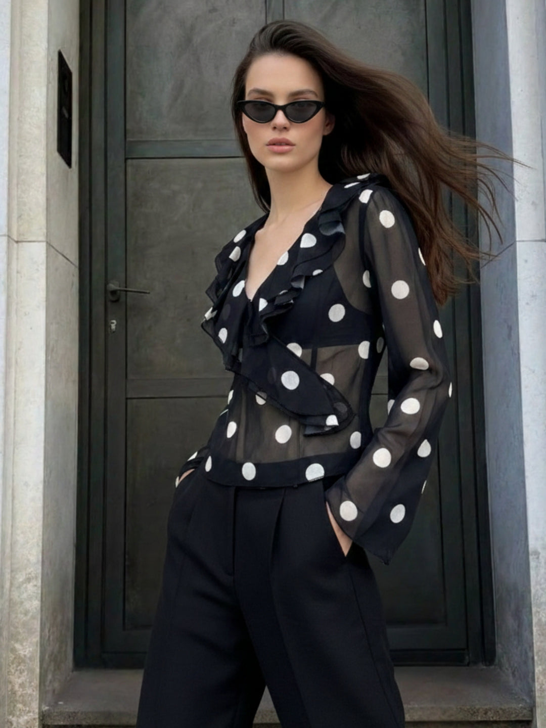 Black Bell Sleeve Polka Printed Top
