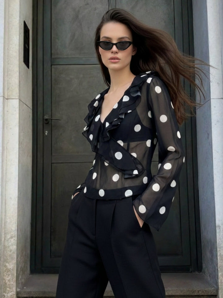 Black Bell Sleeve Polka Printed Top
