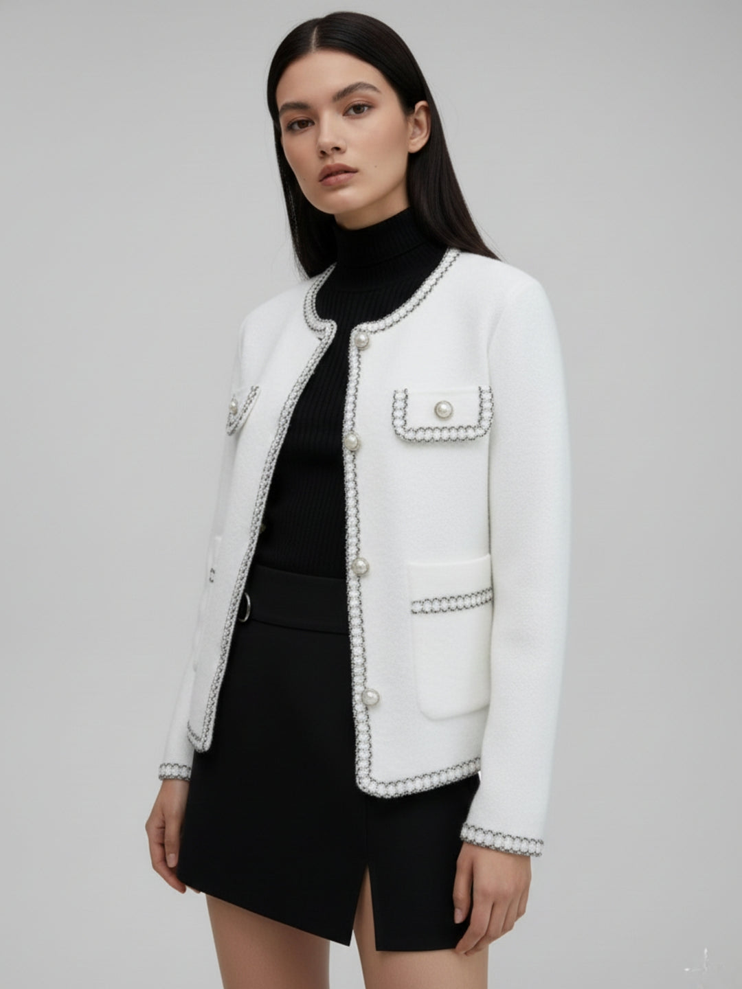 Off White Contrast Detailing Cardigan