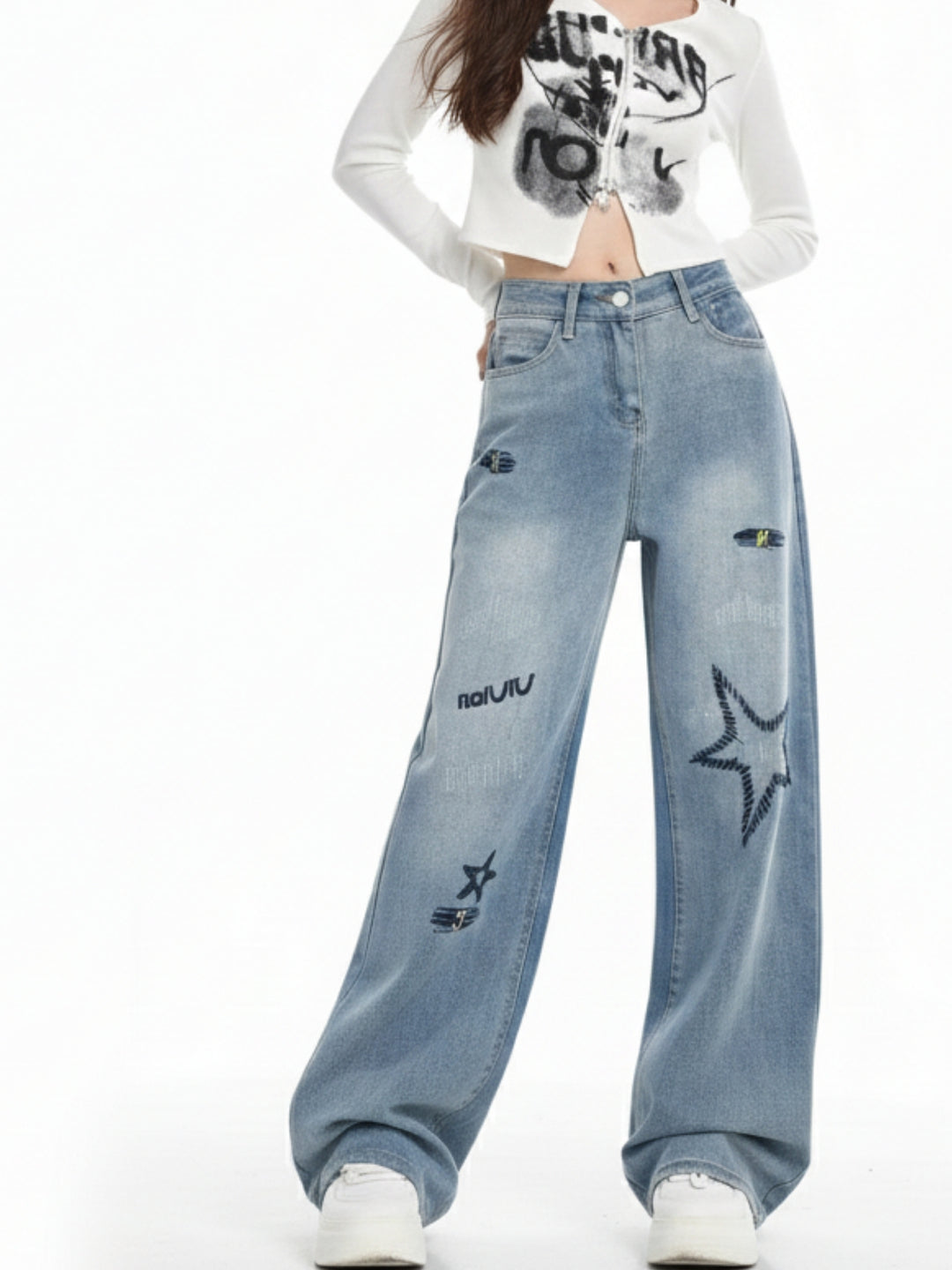 Light Blue High Waist Frayed Effect Jeans