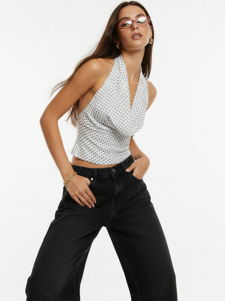 White Halter Cowl Neck Printed Top