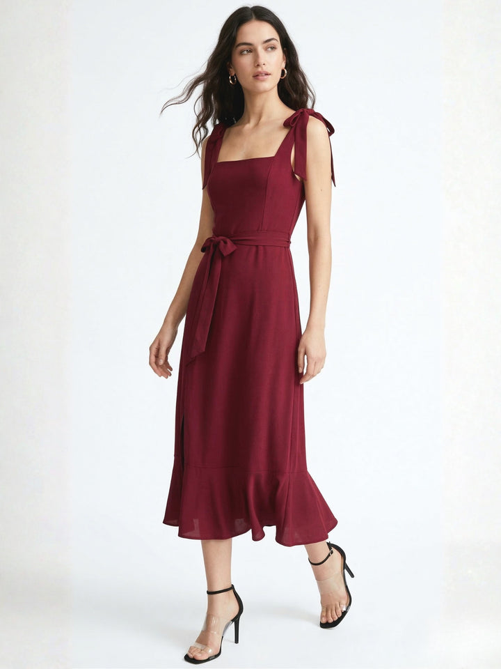 Maroon Shoulder Tie-Up Flare Dress