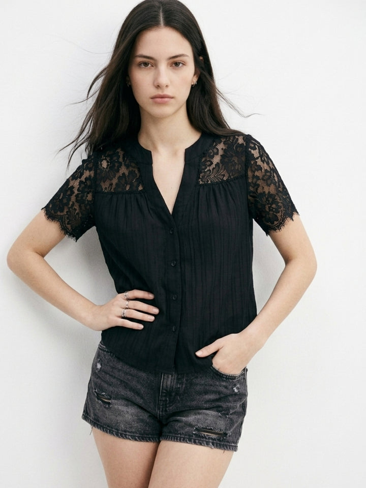 Black V Neck Blousson With Lace Inserts On Sleeves