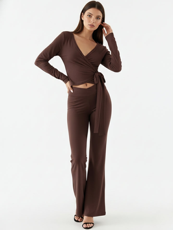 Brown Full Sleeve Wrap V Neck Top And Pant Set