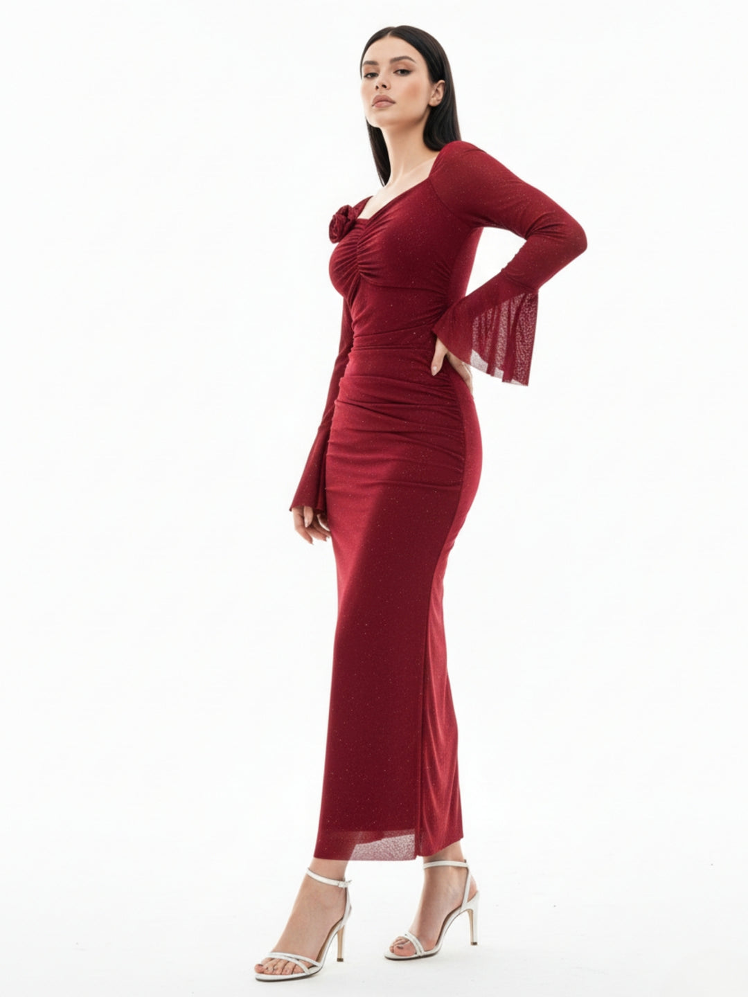 Maroon Bell Sleeve Sweatheart Neck Dress