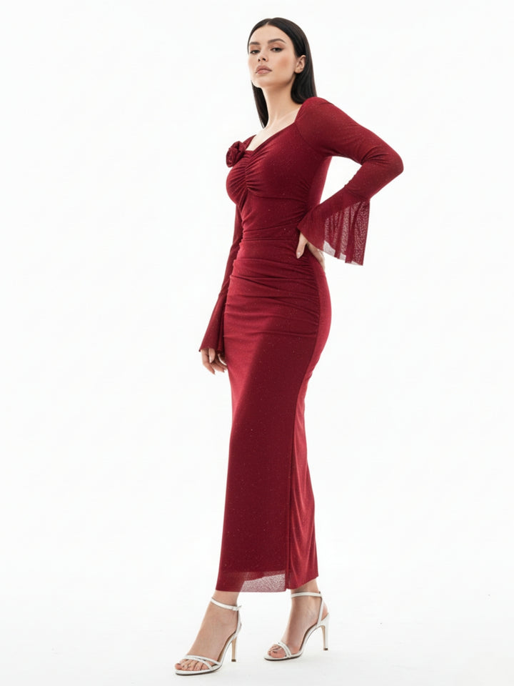 Maroon Bell Sleeve Sweatheart Neck Dress