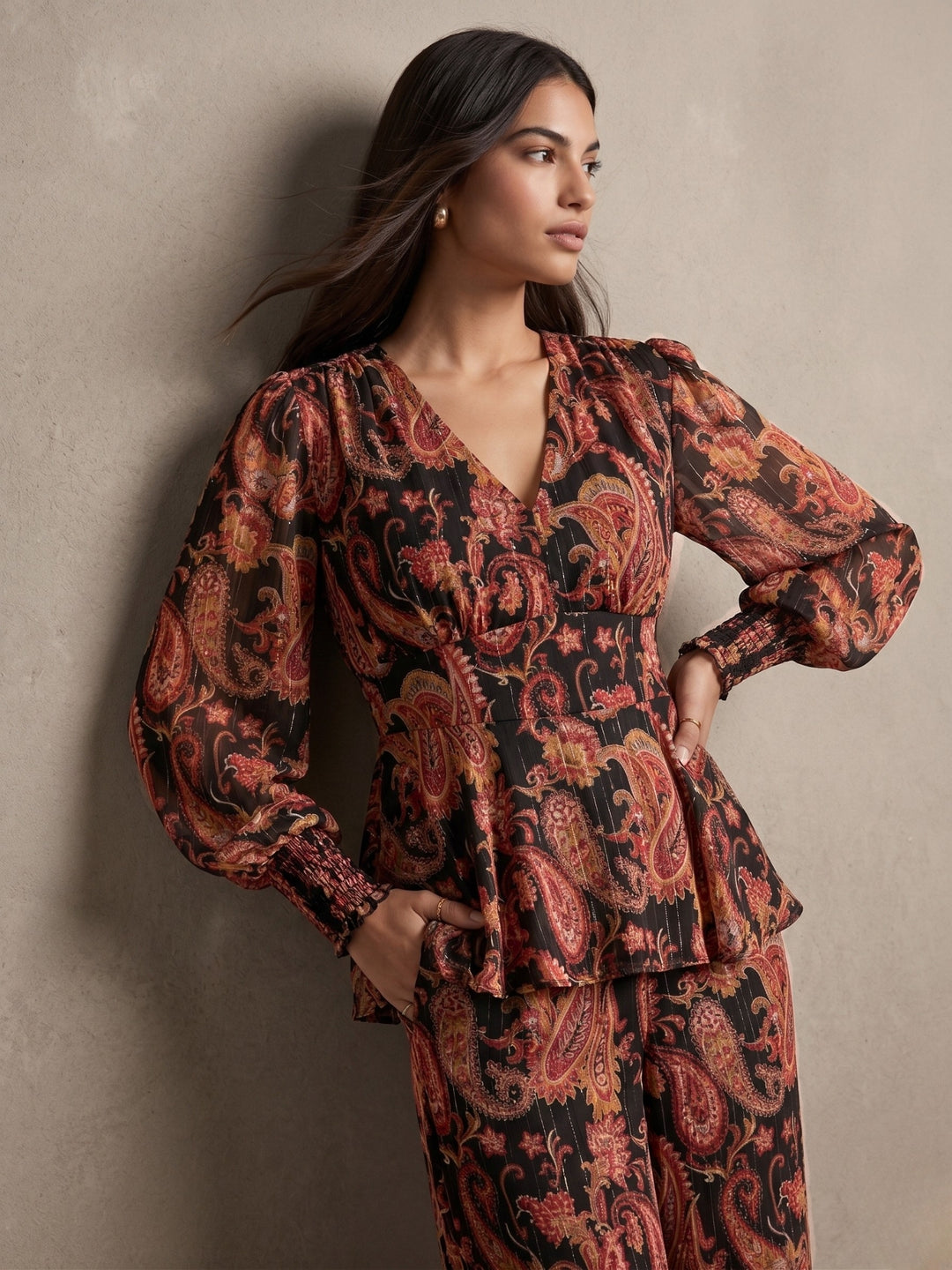 Brown Balloon Sleeve Peplum Top Coord Set With Wide Leg Trouser