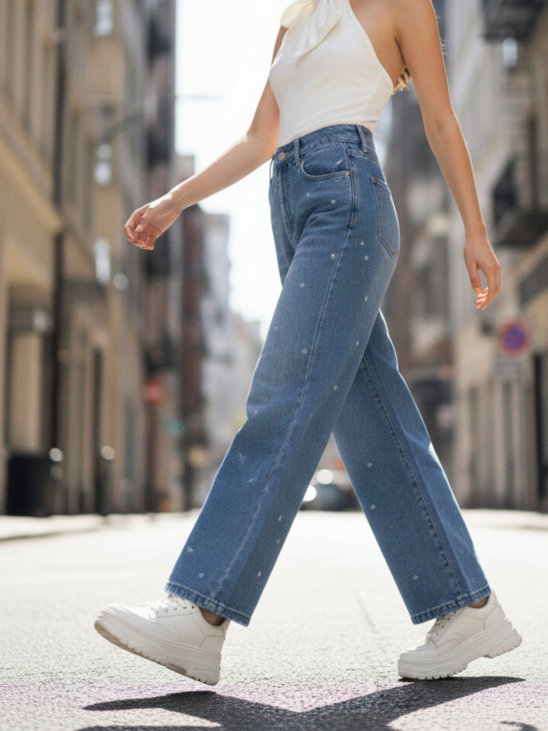 Blue Embellished Wide Leg Denim Jeans