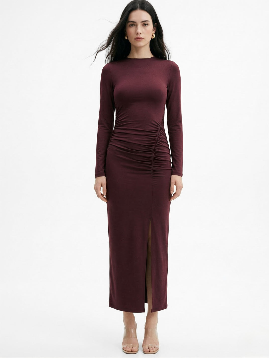 Maroon Boat Neck Side Ruched Thigh High Slit Dress