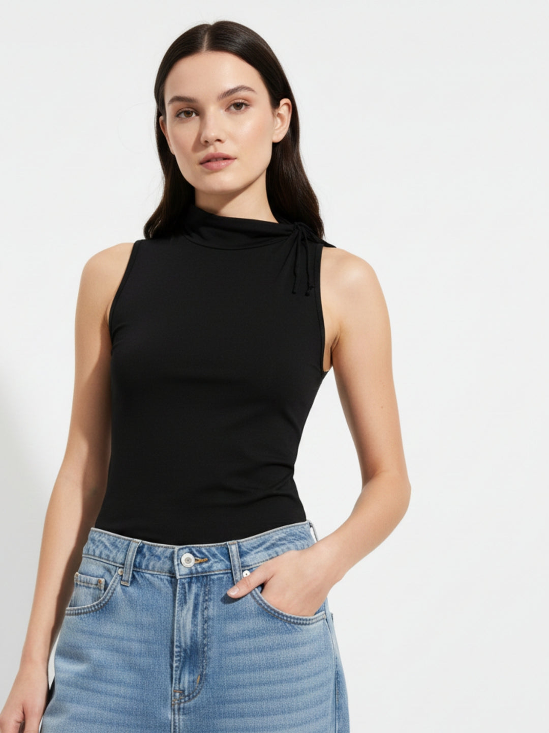 Black Sleeveless High Neck Fitted Top