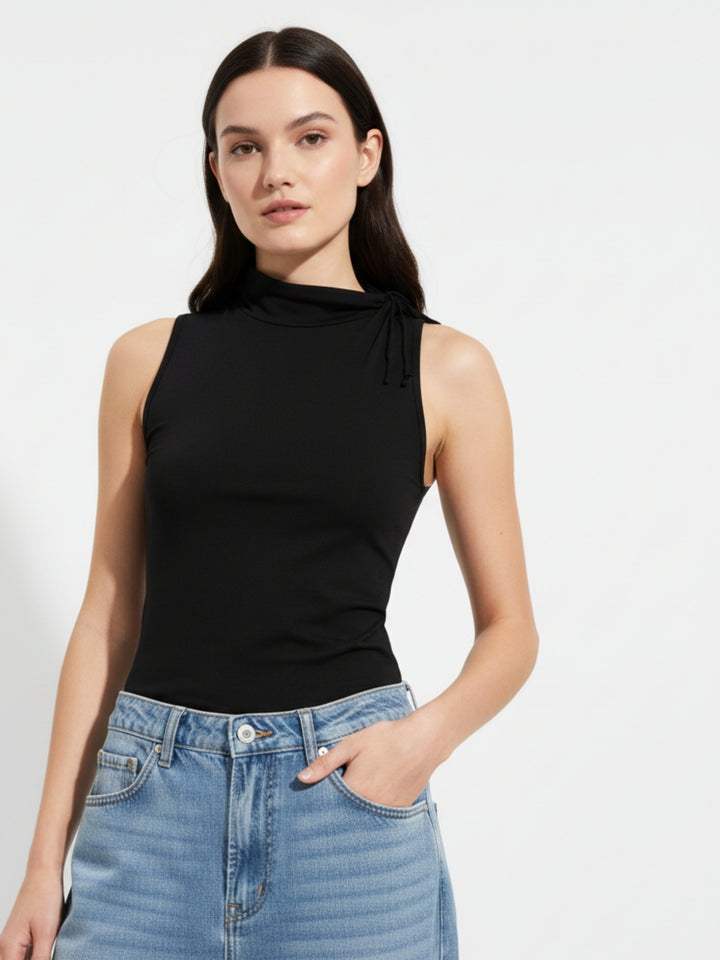 Black Sleeveless High Neck Fitted Top