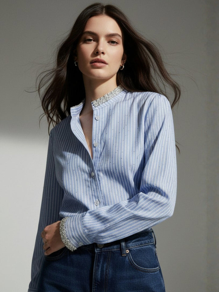 Blue Embellished Neckline Striped Shirt