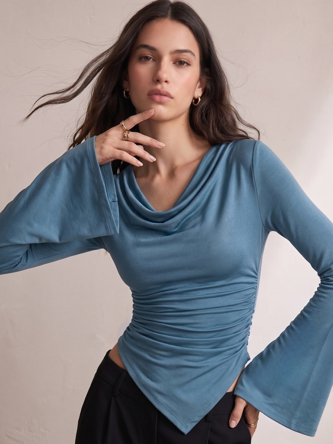 Teal Cowl Neck Asymmetric Hem Top