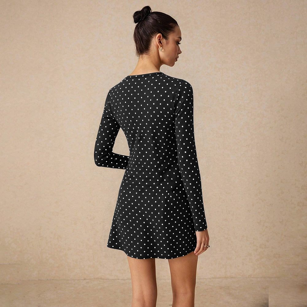 Black V Neck Polka Dot Fitted Dress