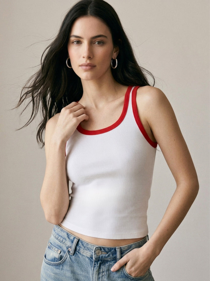 White Contrast Square Neck Ribbed Top