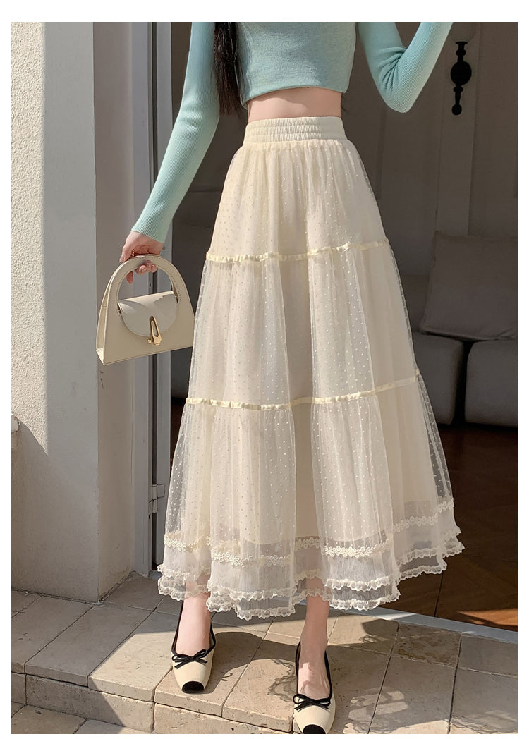 Cream Solid Tiered Skirt With Tonal Scrunched Frills