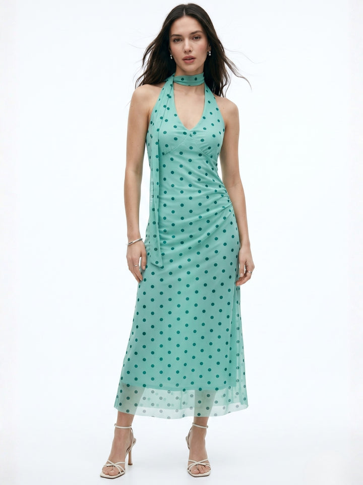 Green Halter Neck Mesh Polka Printed Dress