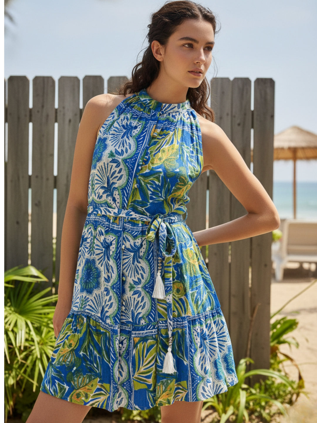 Blue Mini Printed Dress With Belt Detail