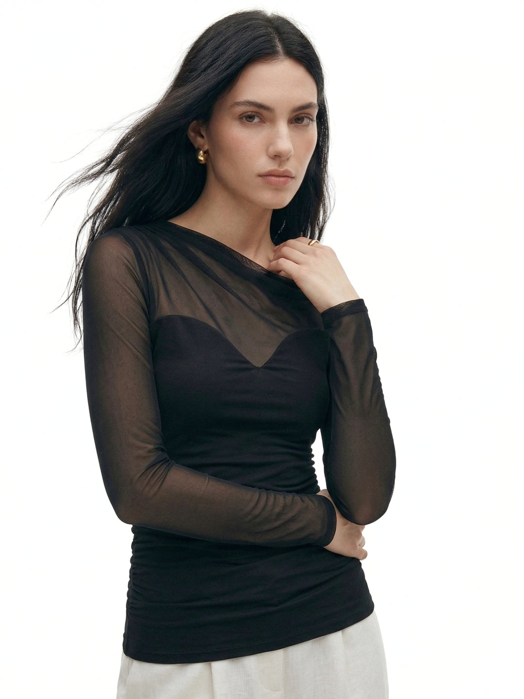 Black Full Sleeve Mesh Detail Top
