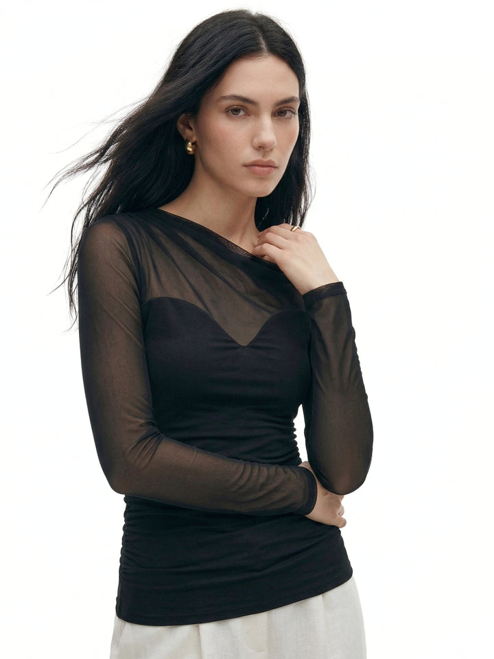 Black Full Sleeve Mesh Detail Top