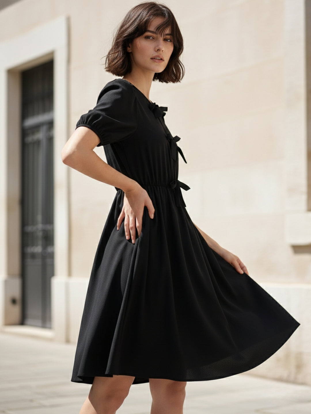 Black Puff Sleeve Front Knot Dress