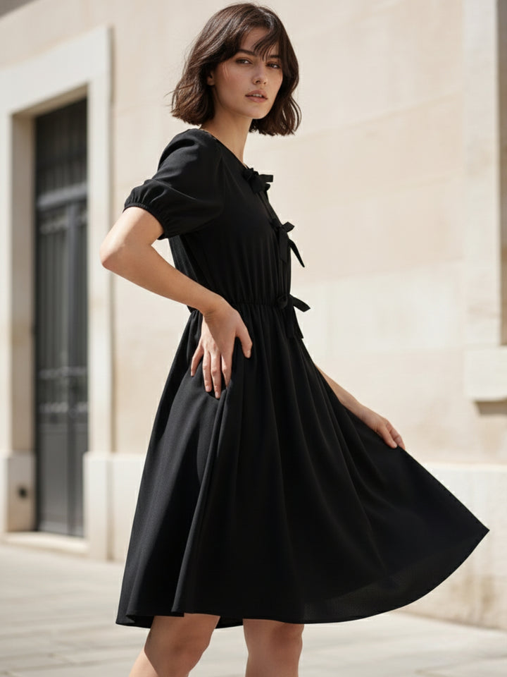 Black Puff Sleeve Front Knot Dress