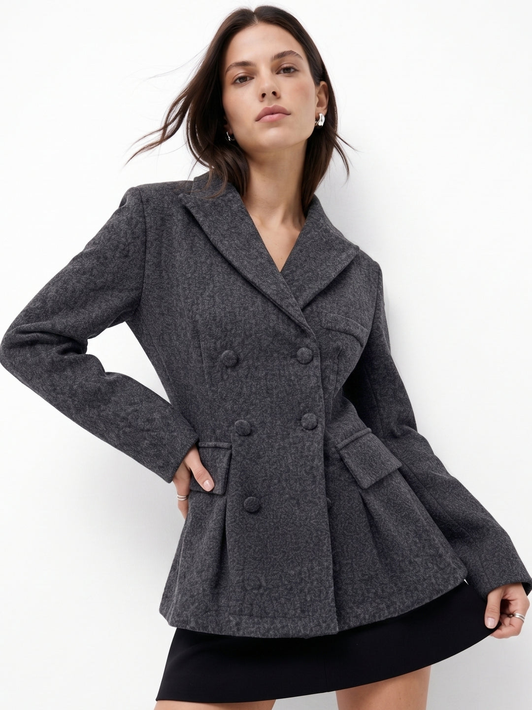Charcoal Peplum Styled Button Down Coat