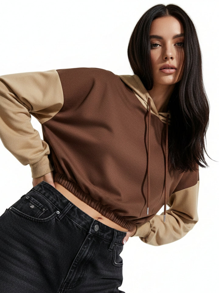 Brown Contrast Panel Hooded Sweatshirt