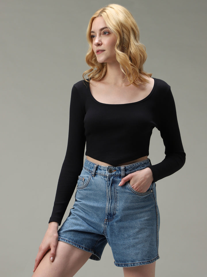 Black Assymetric Hem Scoop Neck Knit Top