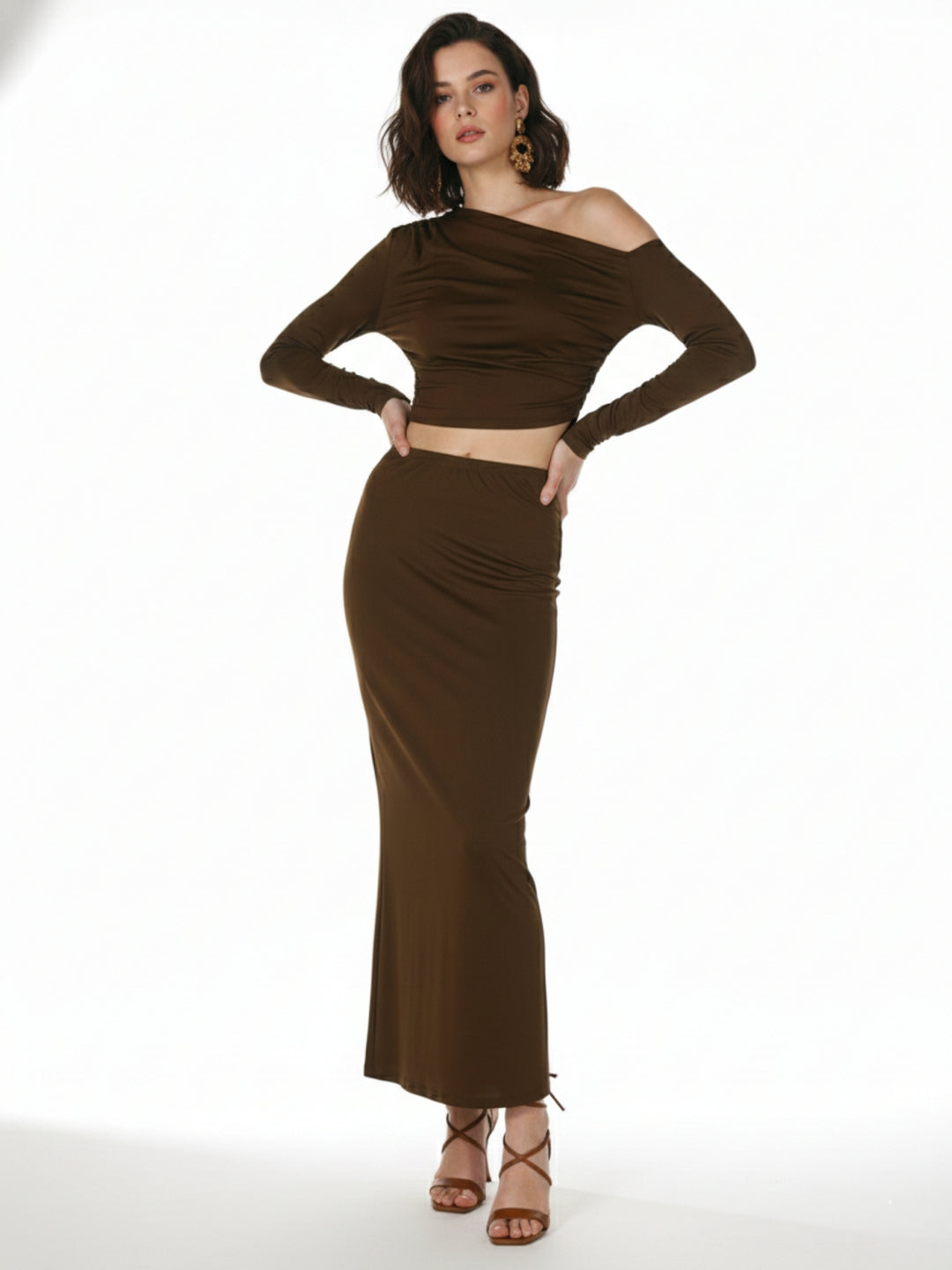 Brown One Shoulder Top And Skirt Set