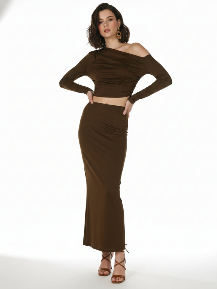 Brown One Shoulder Top And Skirt Set