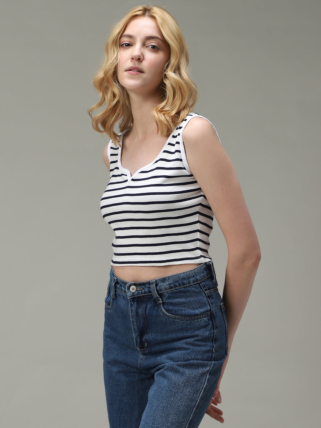 Navy Blue Striped Ribbed Tank